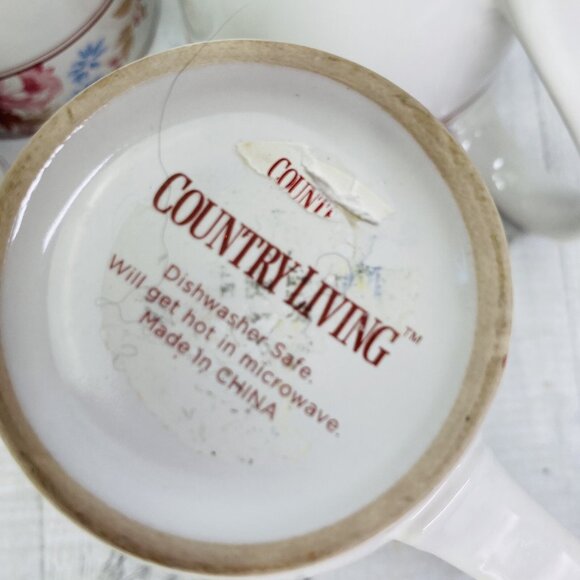 Country Living CUJ1 Center Red Rose Dot Stoneware White 16 oz Cups Mugs Set 4 - Picture 8 of 12